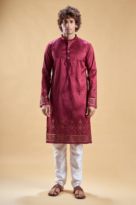 Arihant Rai Sinha Maroon , Satin Embroidery Start Straight Kurta With Churidar Online at Aza Fashions Arihant Rai Sinha_Maroon , Satin Embroidery Start Straight Kurta With Churidar _Online_at_Aza_Fashions