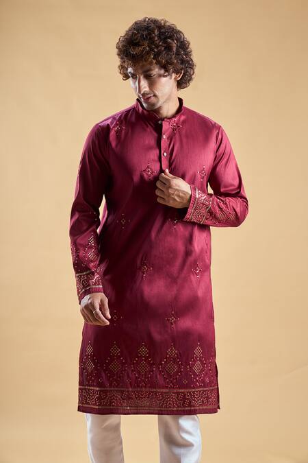 Shop Arihant Rai Sinha Maroon , Satin Embroidery Start Straight Kurta With Churidar Online at Aza Fashions Shop_Arihant Rai Sinha_Maroon , Satin Embroidery Start Straight Kurta With Churidar _Online_at_Aza_Fashions