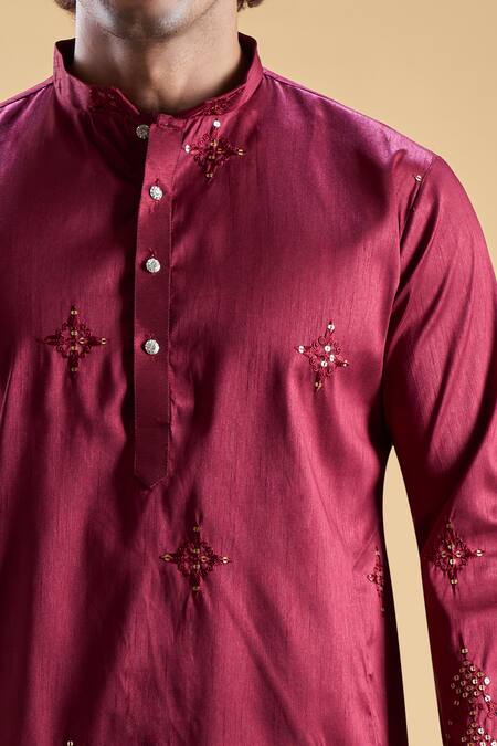 Arihant Rai Sinha Maroon , Satin Embroidery Start Straight Kurta With Churidar at Aza Fashions Arihant Rai Sinha_Maroon , Satin Embroidery Start Straight Kurta With Churidar _at_Aza_Fashions