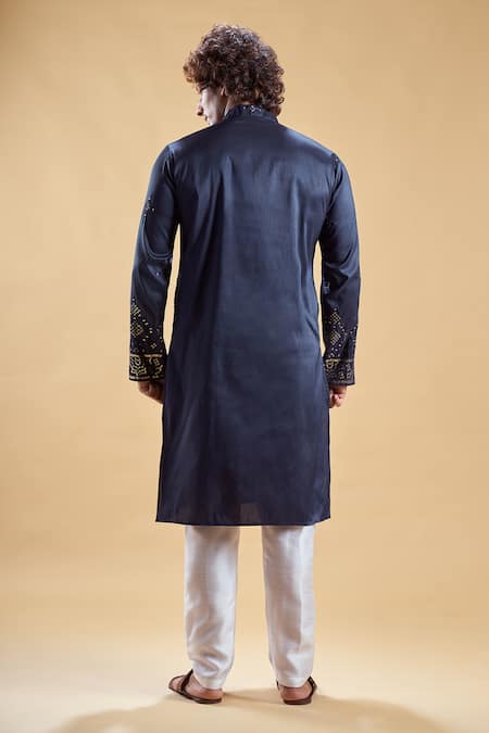 Shop_Arihant Rai Sinha_Blue Silk Embroidery Start Hand Kurta With Churidar _at_Aza_Fashions