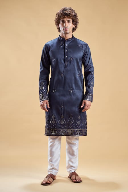 Arihant Rai Sinha_Blue Silk Embroidery Start Hand Kurta With Churidar _Online_at_Aza_Fashions