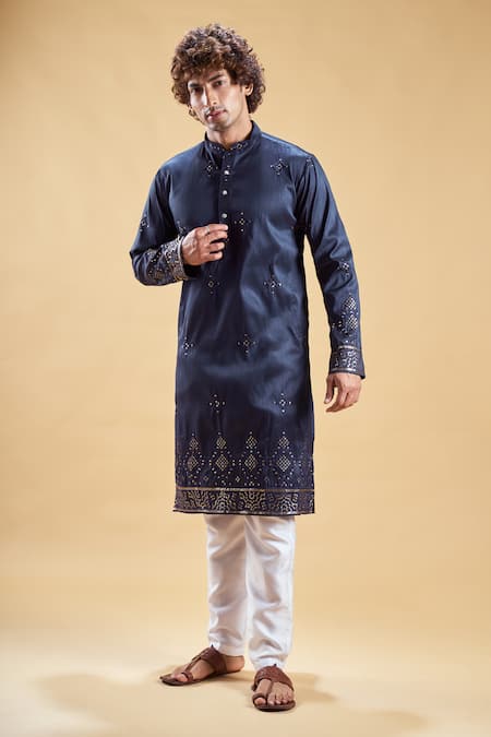 Buy_Arihant Rai Sinha_Blue Silk Embroidery Start Hand Kurta With Churidar _Online_at_Aza_Fashions