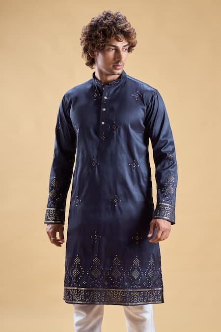 Shop_Arihant Rai Sinha_Blue Silk Embroidery Start Hand Kurta With Churidar _Online_at_Aza_Fashions