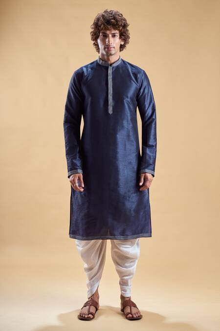 Arihant Rai Sinha Blue Silk, Cotton Embroidery Solid Straight Kurta With Dhoti Pant Online at Aza Fashions Arihant Rai Sinha_Blue Silk, Cotton Embroidery Solid Straight Kurta With Dhoti Pant _Online_at_Aza_Fashions