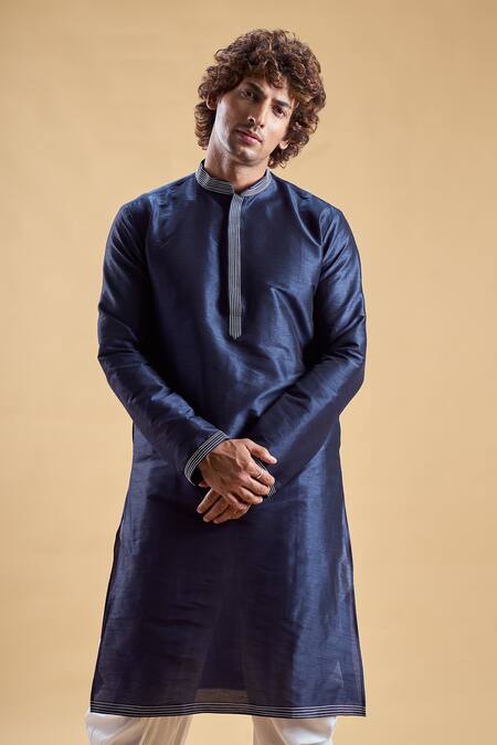 Shop Arihant Rai Sinha Blue Silk, Cotton Embroidery Solid Straight Kurta With Dhoti Pant Online at Aza Fashions Shop_Arihant Rai Sinha_Blue Silk, Cotton Embroidery Solid Straight Kurta With Dhoti Pant _Online_at_Aza_Fashions