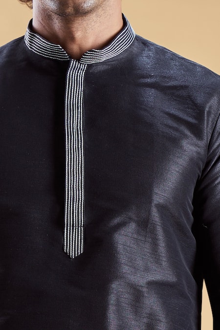 Shop Arihant Rai Sinha Black Silk, Cotton Embroidery Straight Solid Kurta With Dhoti Pant Online at Aza Fashions Shop_Arihant Rai Sinha_Black Silk, Cotton Embroidery Straight Solid Kurta With Dhoti Pant _Online_at_Aza_Fashions