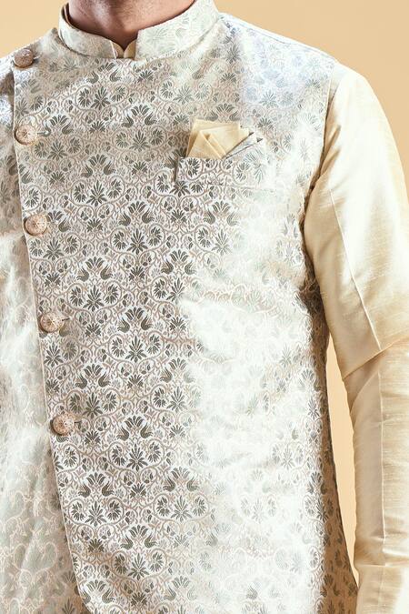 Shop_Arihant Rai Sinha_Cream Brocade, Silk Embroidery Floral Bundi And Kurta Set _Online_at_Aza_Fashions