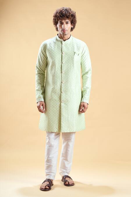 Arihant Rai Sinha_Green Silk Embroidery Thread Sherwani With Pyjama _Online_at_Aza_Fashions