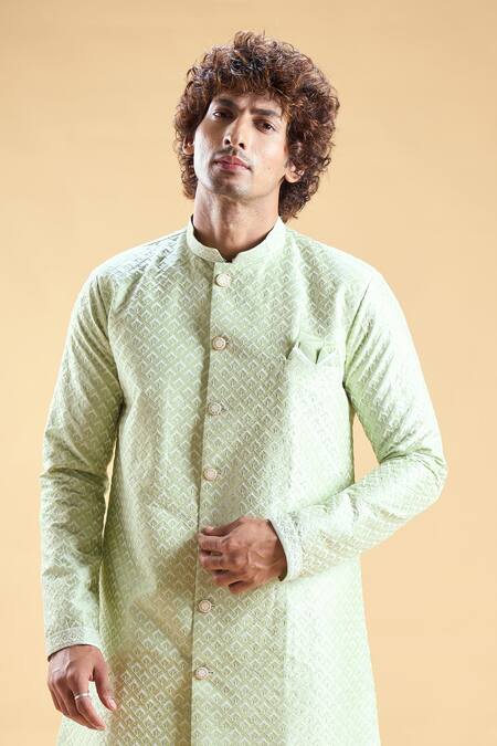 Shop_Arihant Rai Sinha_Green Silk Embroidery Thread Sherwani With Pyjama _Online_at_Aza_Fashions