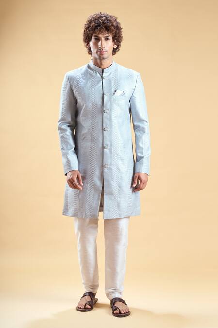 Buy Arihant Rai Sinha Grey Silk Embroidery Thread Sherwani With Solid Pyjama Online at Aza Fashions Buy_Arihant Rai Sinha_Grey Silk Embroidery Thread Sherwani With Solid Pyjama _Online_at_Aza_Fashions