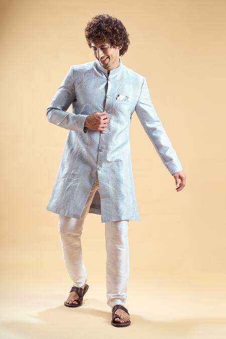 Shop Arihant Rai Sinha Grey Silk Embroidery Thread Sherwani With Solid Pyjama Online at Aza Fashions Shop_Arihant Rai Sinha_Grey Silk Embroidery Thread Sherwani With Solid Pyjama _Online_at_Aza_Fashions