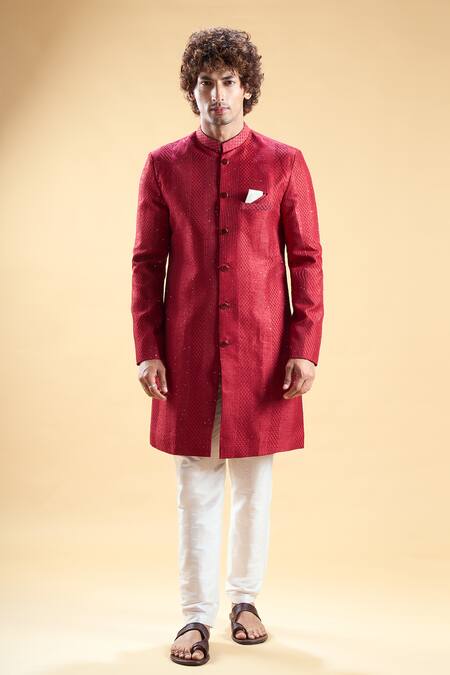 Arihant Rai Sinha_Maroon Silk Sequins, Embroidery Sherwani With Solid Pyjama _Online_at_Aza_Fashions