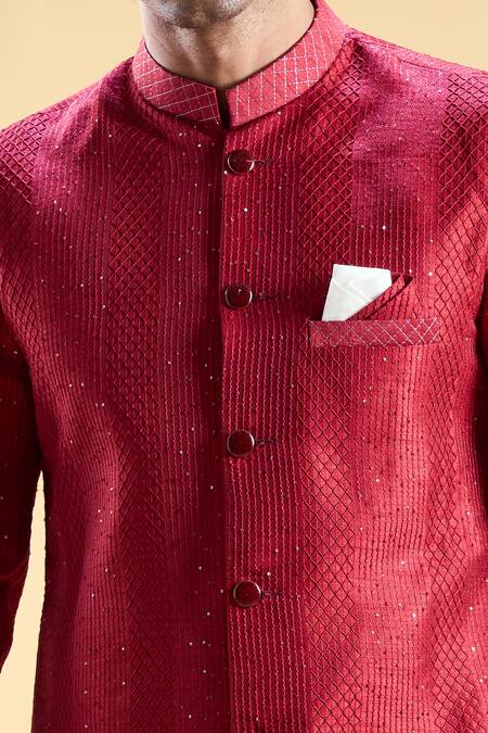 Buy_Arihant Rai Sinha_Maroon Silk Sequins, Embroidery Sherwani With Solid Pyjama _Online_at_Aza_Fashions