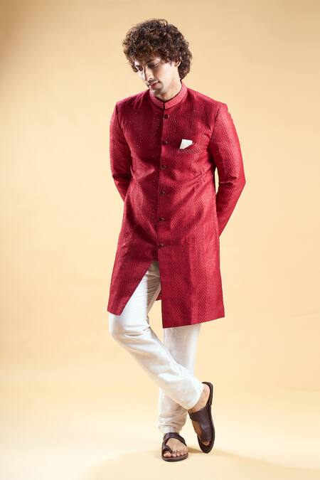 Shop_Arihant Rai Sinha_Maroon Silk Sequins, Embroidery Sherwani With Solid Pyjama _Online_at_Aza_Fashions
