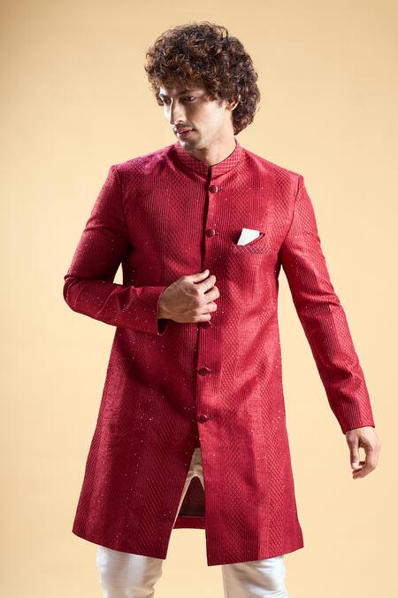 Arihant Rai Sinha_Maroon Silk Sequins, Embroidery Sherwani With Solid Pyjama _at_Aza_Fashions