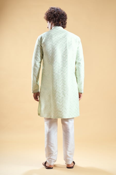 Shop Arihant Rai Sinha Green Jacquard, Silk, Cotton Sequins, Zari, Thread Sherwani With Pyjama at Aza Fashions Shop_Arihant Rai Sinha_Green Jacquard, Silk, Cotton Sequins, Zari, Thread Sherwani With Pyjama _at_Aza_Fashions