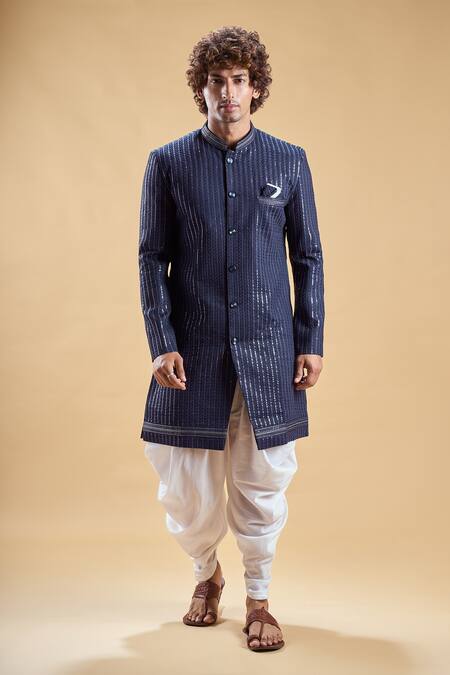 Arihant Rai Sinha_Blue Silk, Cotton Sequins, Embroidery Sherwani With Solid Dhoti Pant _Online_at_Aza_Fashions