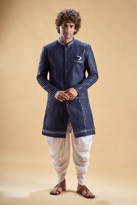 Buy_Arihant Rai Sinha_Blue Silk, Cotton Sequins, Embroidery Sherwani With Solid Dhoti Pant _Online_at_Aza_Fashions