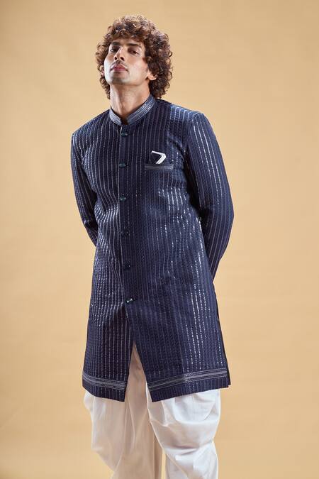 Shop_Arihant Rai Sinha_Blue Silk, Cotton Sequins, Embroidery Sherwani With Solid Dhoti Pant _Online_at_Aza_Fashions