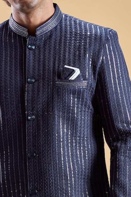 Arihant Rai Sinha_Blue Silk, Cotton Sequins, Embroidery Sherwani With Solid Dhoti Pant _at_Aza_Fashions