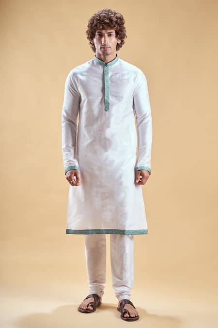 Buy_Arihant Rai Sinha_Green Jacquard, Silk, Cotton Embroidery Geometric Thread Nehru Jacket Set _Online_at_Aza_Fashions