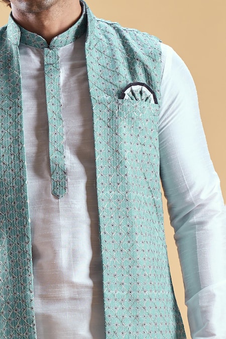 Shop_Arihant Rai Sinha_Green Jacquard, Silk, Cotton Embroidery Geometric Thread Nehru Jacket Set _Online_at_Aza_Fashions
