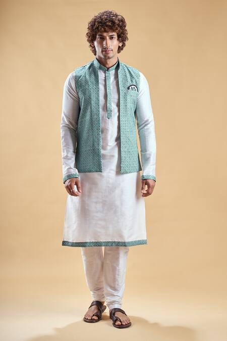 Arihant Rai Sinha_Green Jacquard, Silk, Cotton Embroidery Geometric Thread Nehru Jacket Set _at_Aza_Fashions