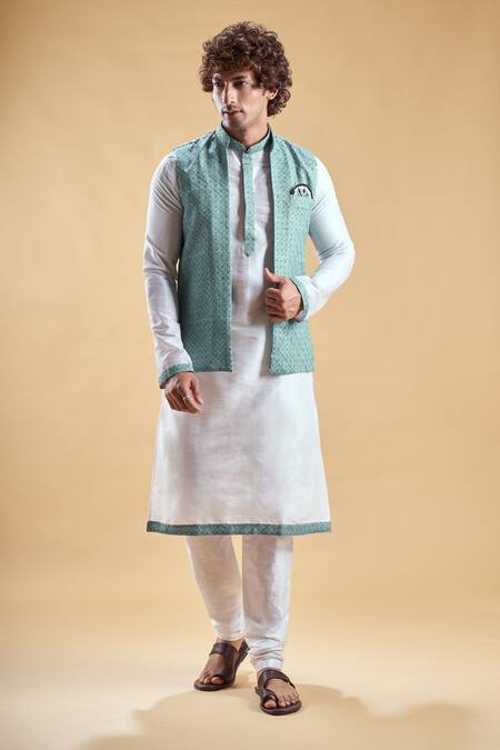Buy_Arihant Rai Sinha_Green Jacquard, Silk, Cotton Embroidery Geometric Thread Nehru Jacket Set 