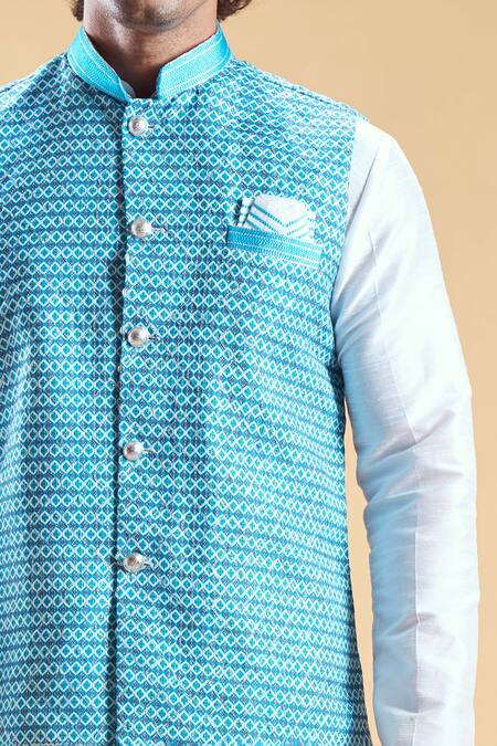 Shop_Arihant Rai Sinha_Sky Blue Jacquard, Silk Embroidery Floral Geometric Nehru Jacket Set _Online_at_Aza_Fashions