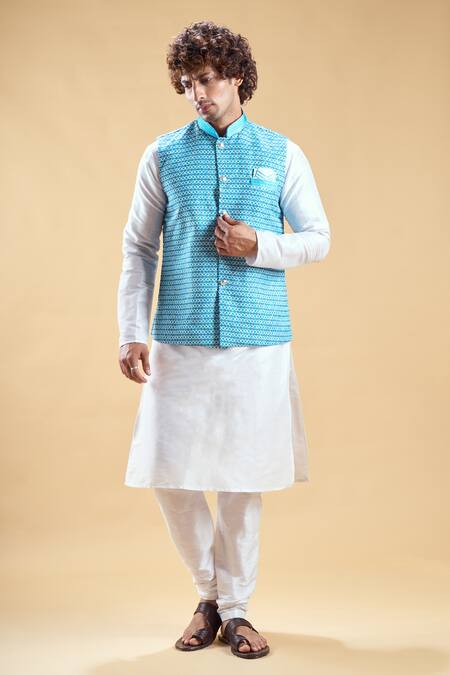 Arihant Rai Sinha_Sky Blue Jacquard, Silk Embroidery Floral Geometric Nehru Jacket Set _at_Aza_Fashions