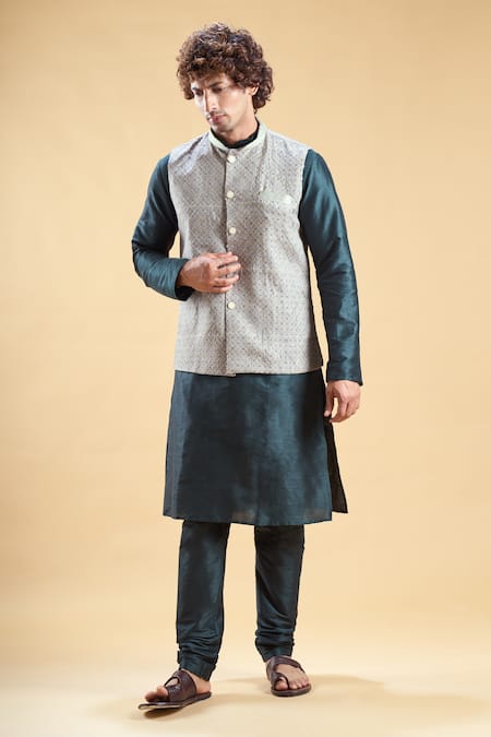 Aryavir Malhotra Jacquard Thread Embroidered Nehru Jacket & Churidar Set 