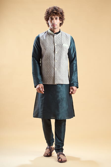 Arihant Rai Sinha_Green Jacquard, Silk Embroidery Geometric Nehru Jacket Set _at_Aza_Fashions
