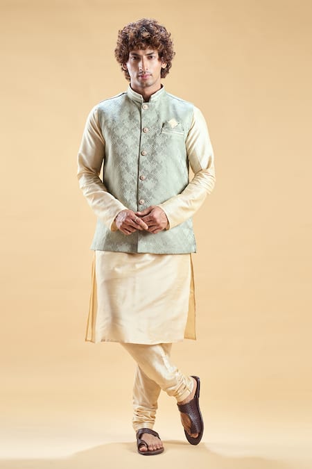 Aryavir Malhotra Floral Jacquard Nehru Jacket & Churidar Set 