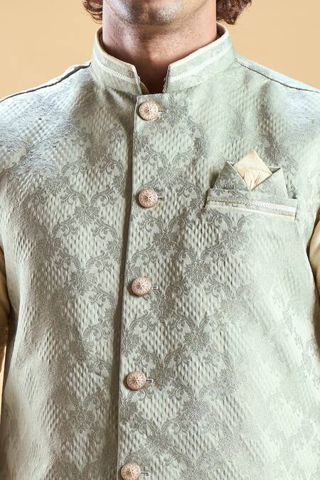 Buy_Arihant Rai Sinha_Green Silk, Jacquard Embroidery Floral Nehru Jacket Set _Online_at_Aza_Fashions