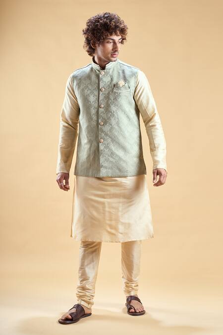Shop_Arihant Rai Sinha_Green Silk, Jacquard Embroidery Floral Nehru Jacket Set _Online_at_Aza_Fashions
