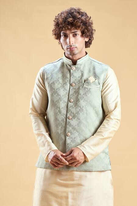 Arihant Rai Sinha_Green Silk, Jacquard Embroidery Floral Nehru Jacket Set _at_Aza_Fashions