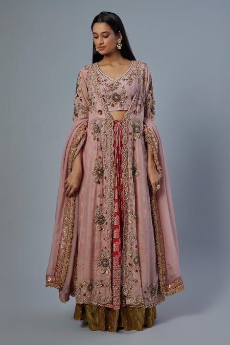 STUDIO A Pink Silk Banarasi Embroidery Zardosi Blouse V-neck Floral Anarkali Set 