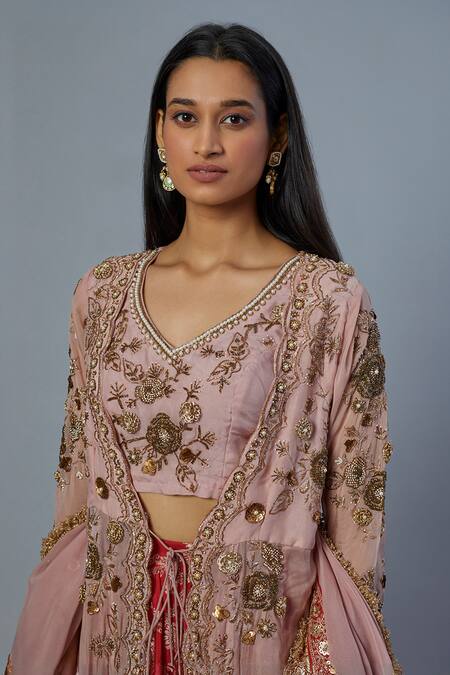 Buy_Studio A_Pink , , Banarasi Floral Embroidered Anarkali Set _Online_at_Aza_Fashions