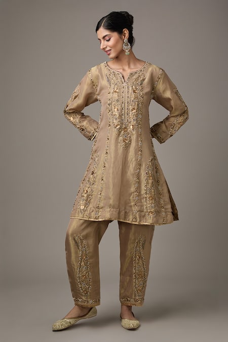 STUDIO A Gold Tissue Embroidery Zari Notched Paisley Dori A-line Kurta With Pant 