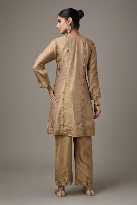 Shop Studio A Gold Tissue Embroidery Split V-neck Paisley Dori A-line Kurta With Pant at Aza Fashions Shop_Studio A_Gold Tissue Embroidery Split V-neck Paisley Dori A-line Kurta With Pant _at_Aza_Fashions