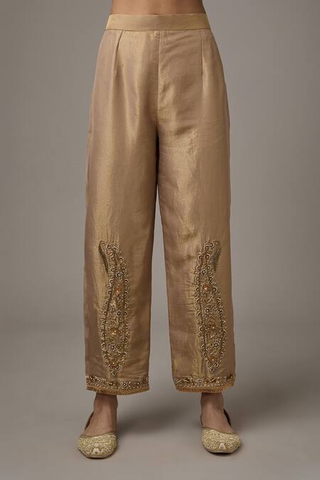 Studio A Gold Tissue Embroidery Split V-neck Paisley Dori A-line Kurta With Pant Online at Aza Fashions Studio A_Gold Tissue Embroidery Split V-neck Paisley Dori A-line Kurta With Pant _Online_at_Aza_Fashions