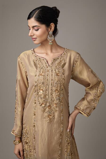 Buy Studio A Gold Tissue Embroidery Split V-neck Paisley Dori A-line Kurta With Pant Online at Aza Fashions Buy_Studio A_Gold Tissue Embroidery Split V-neck Paisley Dori A-line Kurta With Pant _Online_at_Aza_Fashions