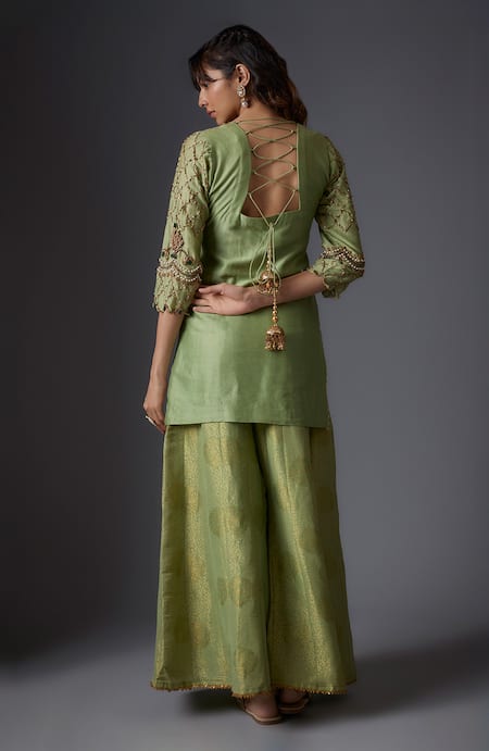 Shop Studio A Green Chanderi, Organza Lace, Zari Embroidered Short Kurta And Sharara Set at Aza Fashions Shop_Studio A_Green Chanderi, Organza Lace, Zari Embroidered Short Kurta And Sharara Set _at_Aza_Fashions