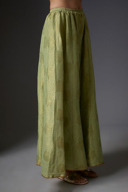 Studio A Green Chanderi, Organza Lace, Zari Embroidered Short Kurta And Sharara Set Online at Aza Fashions Studio A_Green Chanderi, Organza Lace, Zari Embroidered Short Kurta And Sharara Set _Online_at_Aza_Fashions