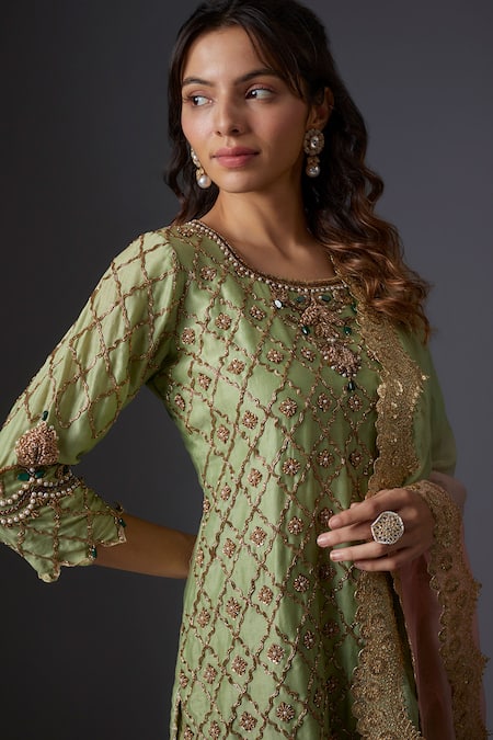Buy Studio A Green Chanderi, Organza Lace, Zari Embroidered Short Kurta And Sharara Set Online at Aza Fashions Buy_Studio A_Green Chanderi, Organza Lace, Zari Embroidered Short Kurta And Sharara Set _Online_at_Aza_Fashions