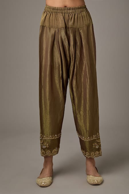 Studio A_Green Net, Tissue Pearls, Embroidery Round Floral Dori A-line Kurta And Pant Set _Online_at_Aza_Fashions