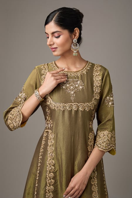 Buy_Studio A_Green Net, Tissue Pearls, Embroidery Round Floral Dori A-line Kurta And Pant Set _Online_at_Aza_Fashions