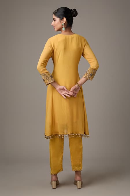 Shop_Studio A_Yellow Georgette, Brocade Pearls, Sequins, Peacock Embroidered Kurta And Pant Set _at_Aza_Fashions