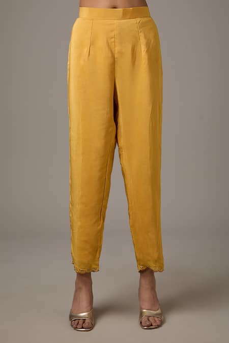 Studio A_Yellow Georgette, Brocade Pearls, Sequins, Peacock Embroidered Kurta And Pant Set _Online_at_Aza_Fashions