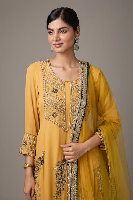 Buy_Studio A_Yellow Georgette, Brocade Pearls, Sequins, Peacock Embroidered Kurta And Pant Set _Online_at_Aza_Fashions